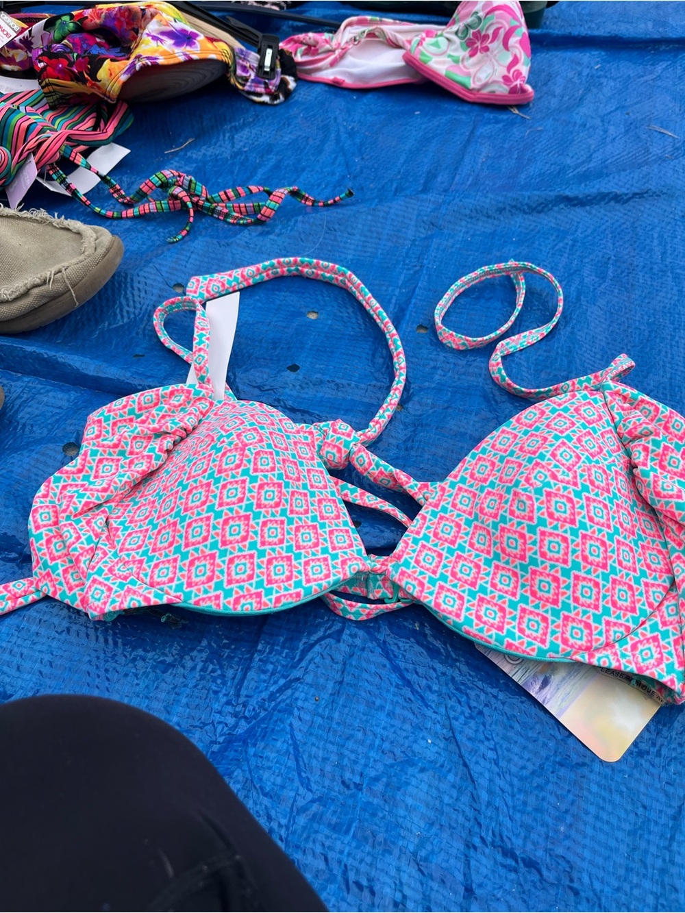 Cocorave Pink & Teal Geometric Bikini Top rabbit style it under wire support bra